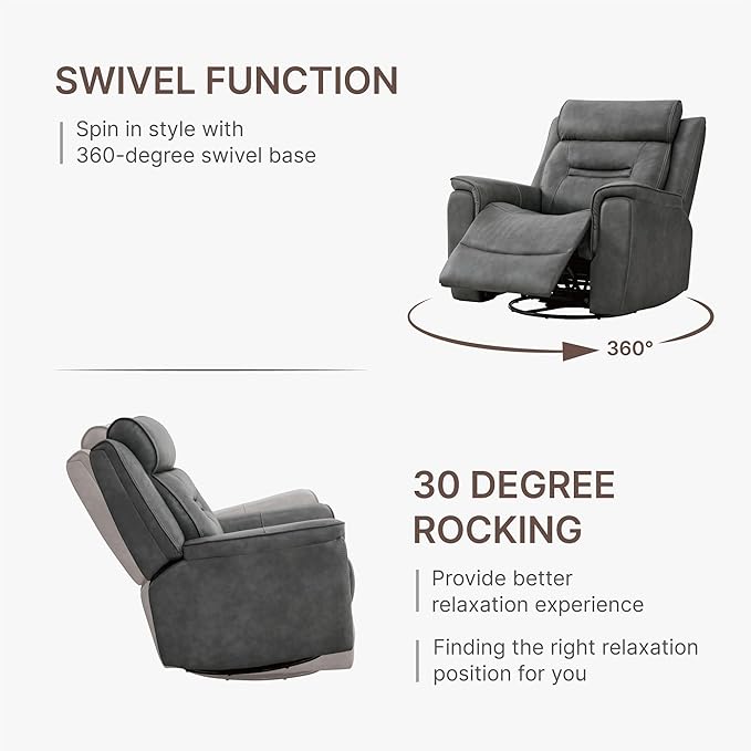 Leather Recliner Chair, 360° Swivel Rocker for Adults Manual Rocking Reclining Chair with Adjustable Backrest Footrest for Living Room Bedroom Home Theater Seating