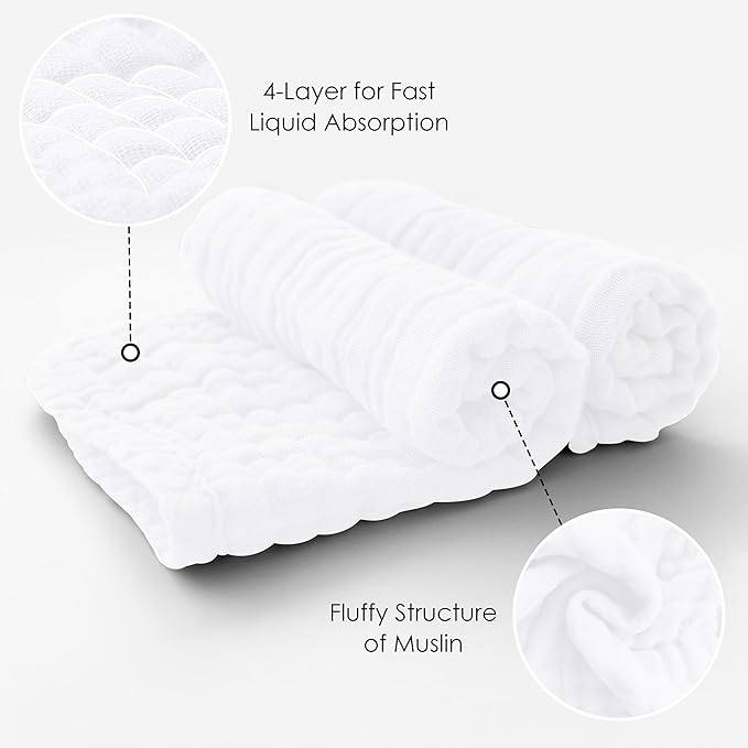 MOON PARK Baby Washcloths, 12 Pack - 12x12 Inches, Small Burp Cloths and Baby Wipes - 100% Cotton Muslin Ultra Soft for Newborn, Infant and Toddlers - White