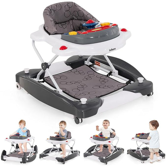 INFANS Baby Walker, 5 in 1 Behind Walker Learning Seated Rocker Bouncer with Removable Music Tray, Adjustable Height, Washable Seat Cushion, Foldable Activity Center for Toddlers (Grey)