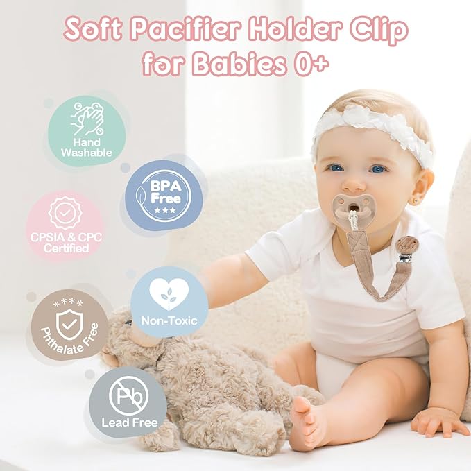 TYRY.HU Ribbon Pacifier Clip Holder,4 Pack Binky Paci Holder Clips, Pacifier Leash for Boys and Girls, Soft Webbing Strap Universal Fits for Most Pacifier, Styles & Teethers(Khaki,Grey,Blue,Pink)