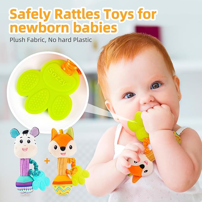 Baby rattles 0-6 months, Set of 2 rattles for babies 0-6 months, Soft Stuffed Animal Rattle Hand Grip Baby Toys, baby rattle Shaker Crinkle Squeaky Sensory Travel Accessories for 0 3 6 9 12 Months old