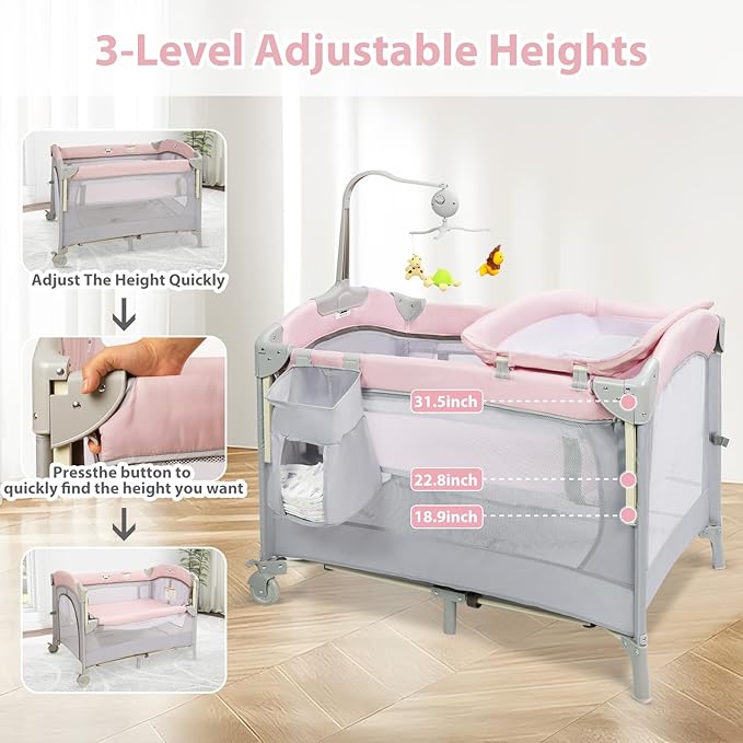 SIMPLGIRL 5-in-1 Baby Bassinet Bedside Crib, Pack and Play Long Next to Parents Bed Crib, Foldable Playard, Playpen Travel Bed Nursery Center for Girl Boy Infant Newborn