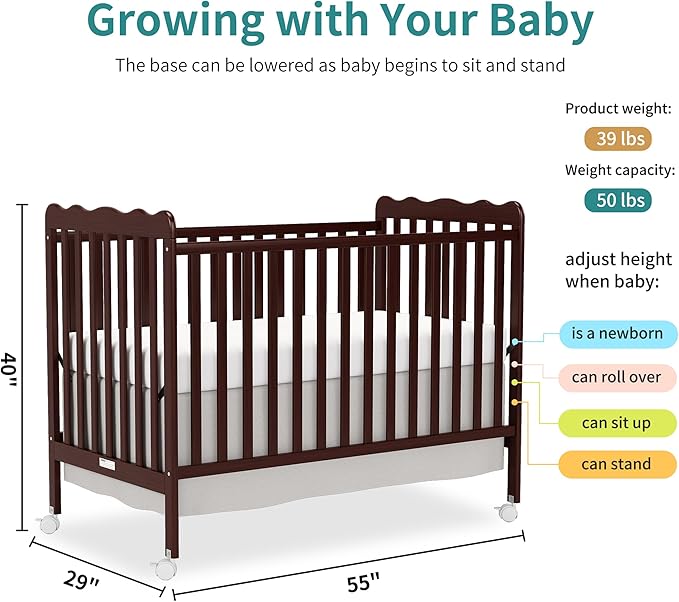 4 in 1 Convertible Baby Crib, Wooden Nursery Cribs Converts into Toddler Bed and Daybed, 3 Adjustable Base, Non-Toxic Finishes, Removable Wheels (Espresso)