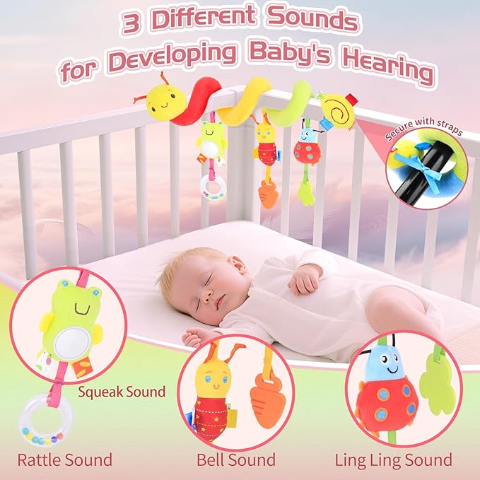 Car Seat Toys for Babies 0-6 Months, Upgraded Spiral Hanging Crib Stroller Activity Toys with Detachable Rattles, Baby Car Seat Accessories Toy for Developing Sensory Skills, Gift for Newborn Infant