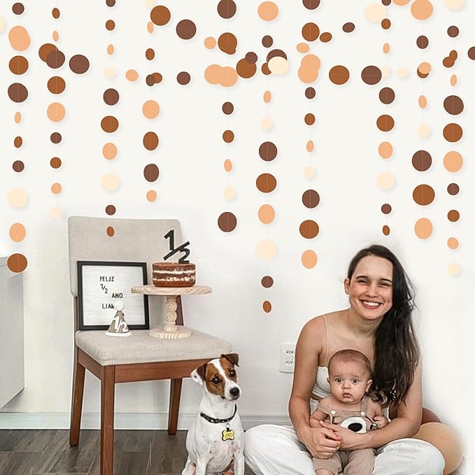 Ombre Brown Party Decorations Polka Dots Garlands Cream Tan Brown Boho Hanging Paper Circle Dots Streamer for Neutral Rustic Cowboy Western Teddy Bear Birthday Baby Shower Wedding Woodland Party Decor