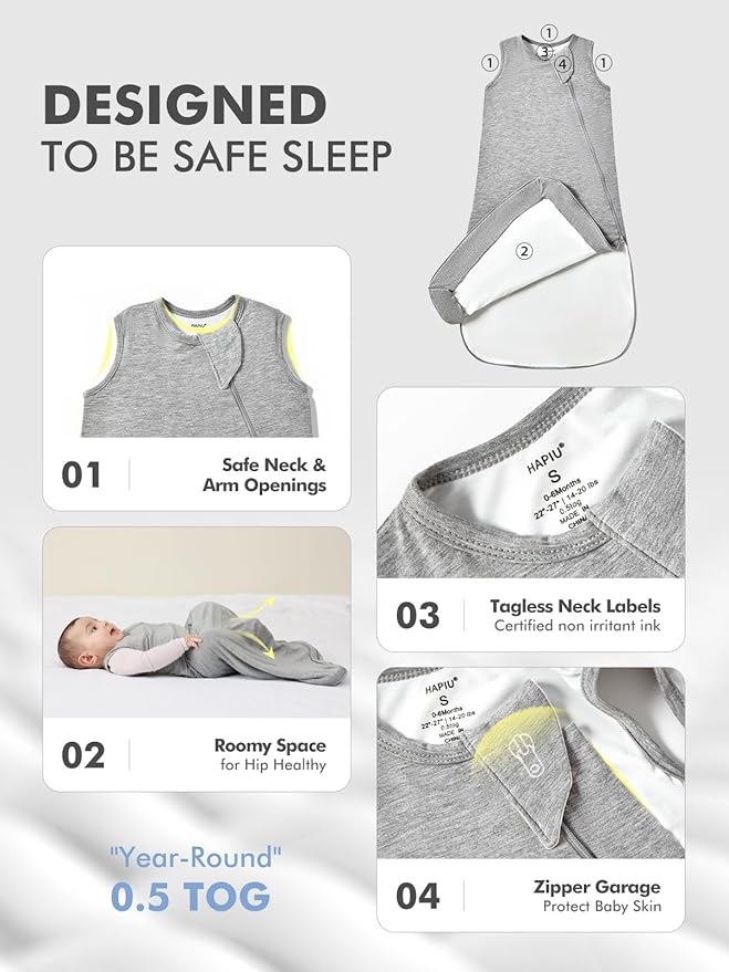 HAPIU Unisex Rayon Made from Bamboo Baby Sleep Sack TOG 0.5, 2-Way Zipper YKK, Wearable Blanket Toddler