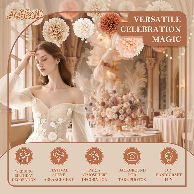 AOBKIAT Boho Fall Wedding Baby Shower Decorations,15PCS Brown Peach Tissue Paper Pom Poms,Circle Dots Colorful Paper Garland String Hanging Backdrop for Birthday Party,Retro Bridal Shower Engagement