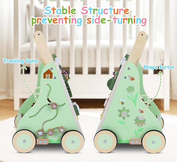 Wooden Baby Walker with Wheels, Toddler Push and Pull Walker Toys, Montessori Multiple Baby Activity Center Push Cart for Babies 6-12 Months 1 2 3 Years Old (Farm)