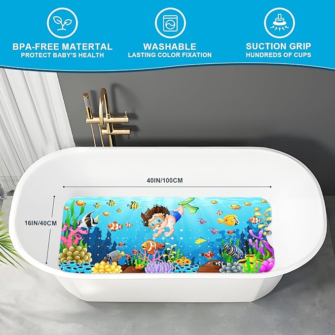 XIYUNTE Baby Bath Mat for Tub Non Slip Kids Bath Mat - 40''x16'' Extra Long Cartoon Child Bath Tub Mat Eco-Friendly Toddler Bath Mats with Suction Cups and Drain Holes, Easy to Clean & Easy Drying