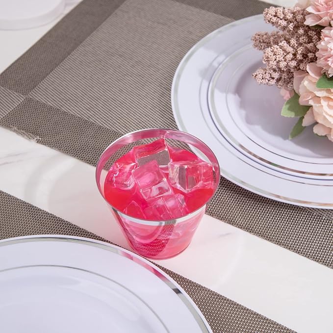 WDF 60 PACK Sliver Plastic Cups Disposable - 9 Oz Clear Plastic Cups with Silver Rim, Premium Disposable Party Cup for Christmas, Holiday Gathering, Wedding, Party