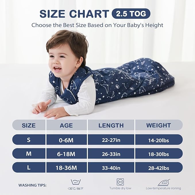 Mosebears Unisex Rayon Made from Bamboo Sleep Sack with 2-Way Zipper,2.5 Tog Baby Winter Sleep Sack(Navy Blue,0-6 Months)