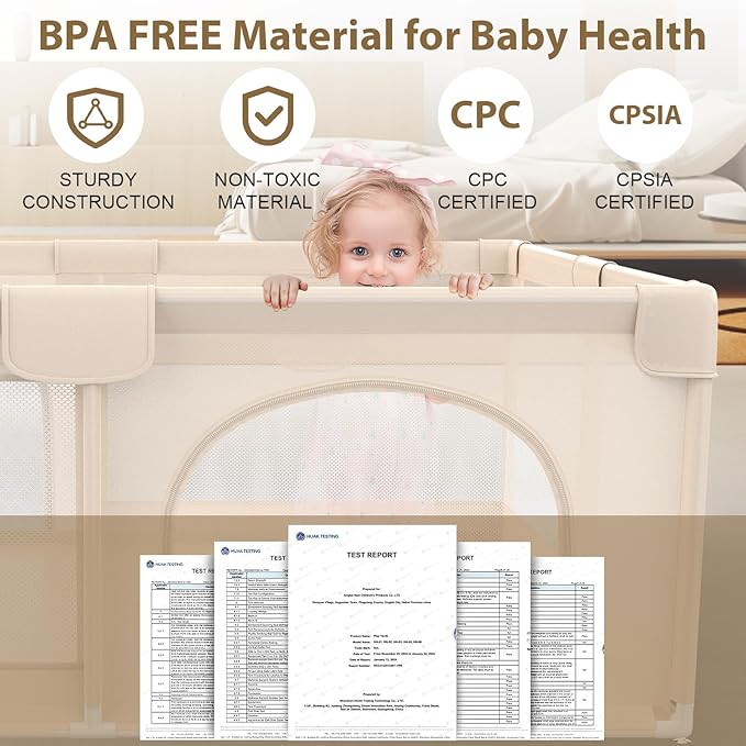 Playpen with Mat 71x59inch - Extra Large Baby Play Pen for Babies and Toddlers - Indoor and Outdoor Baby Playpen with Soft Breathable Mesh Cover - Sturdy Foam Babies Gate Playard (Apricot)