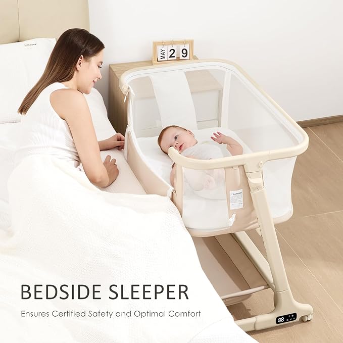 Electric Baby Bassinet Bedside Sleeper with Auto Rocking, Remote/Touch Control, 3 Timer Modes, 12 Sounds, 6 Heights, Storage & Wheels (Beige)