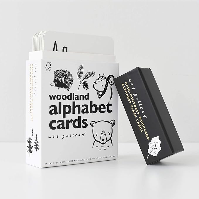 Wee Gallery Educational Flashcards for Babies, Double Sided Black and White Learning Flash cards, Woodland Animal Alphabet Cards for Visual Stimulation and Cognitive Development of Toddlers