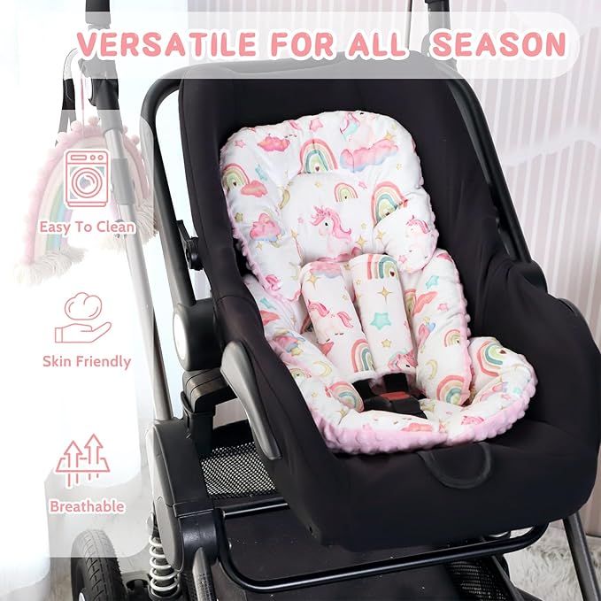 Pea Pod Infant Car Seat Insert with Strap Covers, All in One Reversible Baby Car Seat Head Support for Newborn, 3D Soft Minky Carseat Cushion for Preemie to Infant, Stroller, Swing, Bouncer, Unicorn