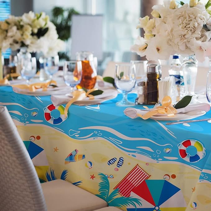 Beach Theme Party Supplies Summer Pool Disposable Tablecloth Plastic Waterproof Table Cover for Hawaiian Party Birthday Decorations, 3 Pack 54X108inch