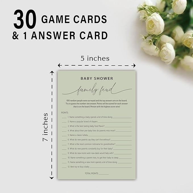 Baby Shower Family Feud Game - Pack of 30 Game Cards 1 Answer Key, Baby Shower Game for Boy & Girl, Gender Neutral Baby Shower Decorations, Baby Feud Game Supplies-07E-Atrovirens