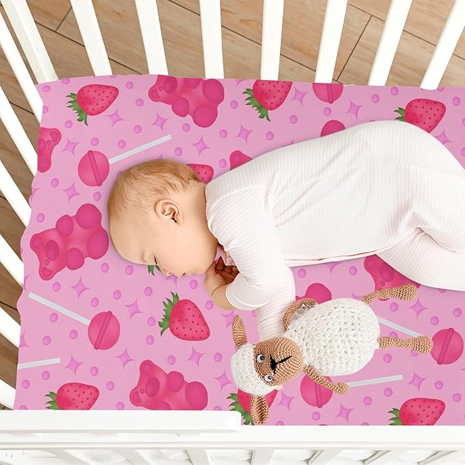 Baby Crib Sheets Lollipop Jelly and Strawberry Crib Sheets for Boys Girls,Neutral Bassinet Toddler Bed Play Sheets Breathable Soft and Portable 52 * 28 * 9in