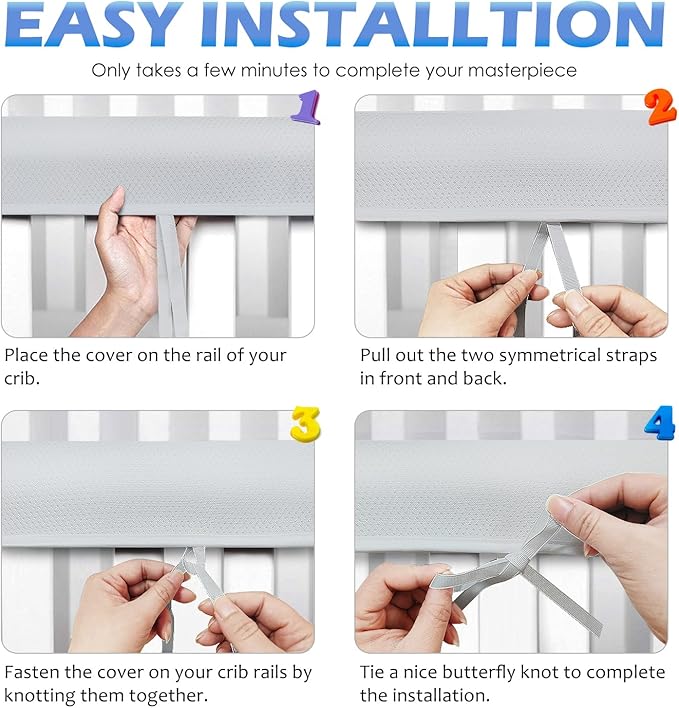 Crib Rail Covers Upgradted Sets,Rail Guard for TeethingSoft Anti-Collision Strip Corner Cover, Suits for Most Standard Bed (Grey)