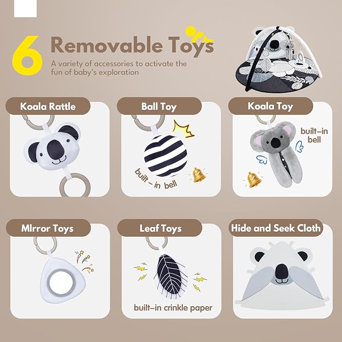 Baby Play Activity Gym Tummy Time Mat for Infant,Baby Gyms & Playmats for Babies 0 to 3 6 9 12 Months with 5 Toys for Early Sensory Exploration and Motor Skill Development Koala
