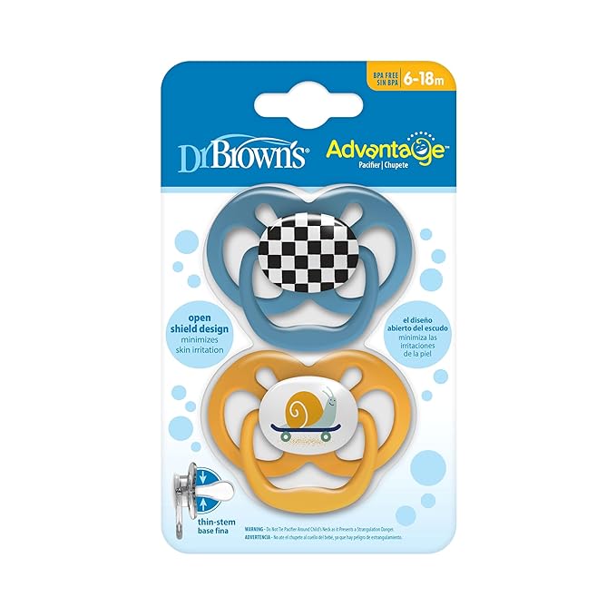 Dr. Brown's Advantage Glow-in-The-Dark Baby Pacifier, Fully Symmetrical Soother with Soft Silicone Bulb, Skateboard Snail-Blue Nature, 6-18m, BPA Free, 4 Pack