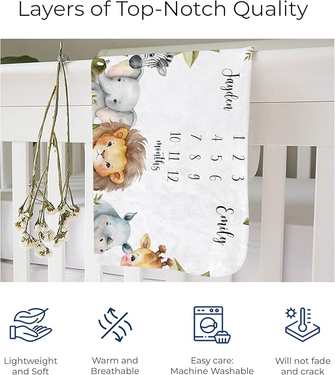 MDPrints Twin Milestone Baby Blanket, Custom Monthly Blankets for Twins Boys and Girls, Customized Gifts with Name (Twin Safari HPDK02)