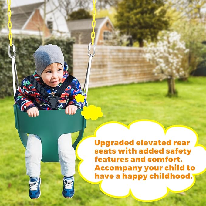 High Back Full Bucket Toddler Swing Seat with 3- Point Adjustable Safety Harness, 66 inch Detachable Chain,Suitable for Babies Aged 6-24 Months,Baby Swing for Swingset (Green)