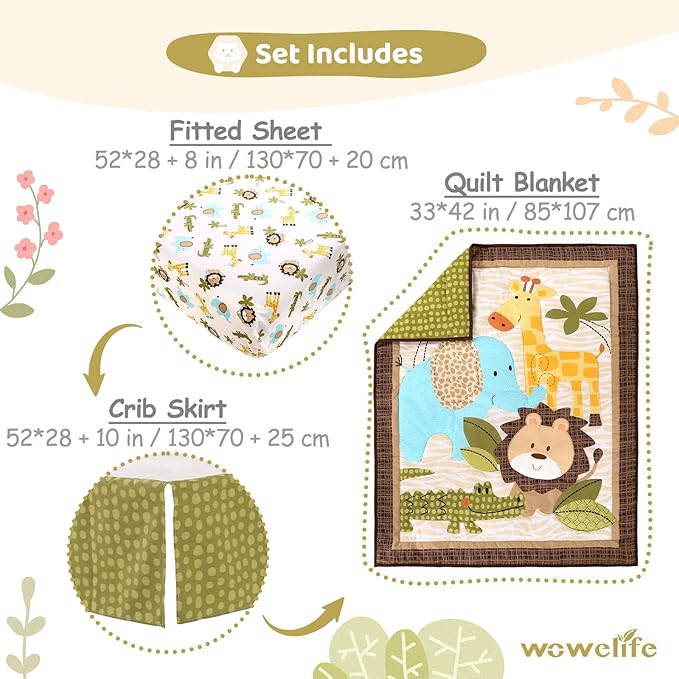 Wowelife Safari Crib Bedding Set, 3 Piece Safari Baby Bedding Set Brown, Premium Baby Crib Bed Set, Breathable and Soft for Baby Boy and Girl