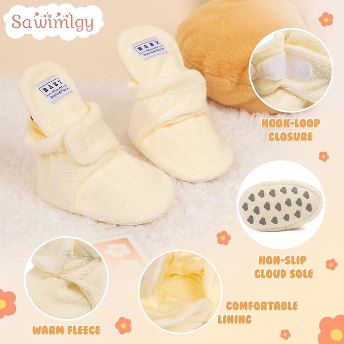 Sawimlgy Newborn Infant Baby Girl Boy Cotton Booties Stay On Sock Slippers Soft Bedroom Shoes Non-Skid Ankle Boots With Grippers Toddler Crib Warm Shoe First Walker Birthday Shower