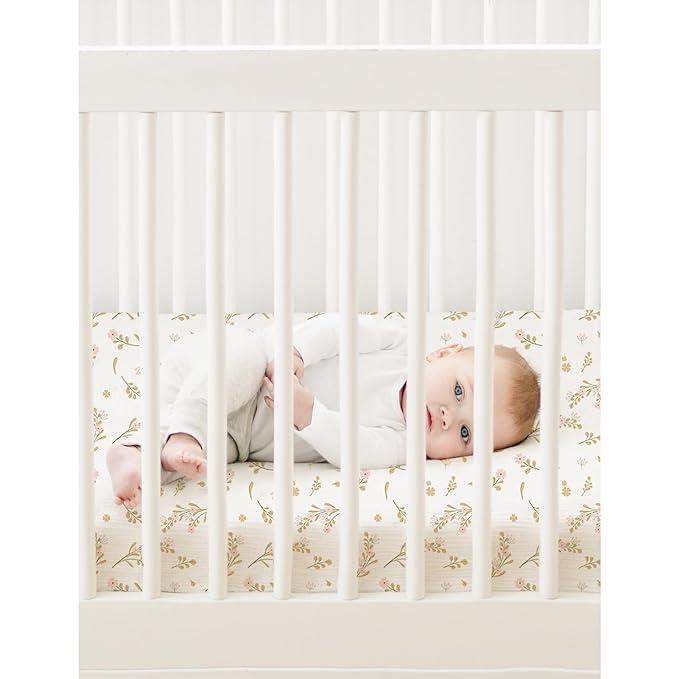 Konssy Muslin Mini Crib Sheets, 100% Soft Cotton Pack and Play Sheets for Pack N Play Mattress, Playard Baby Crib Sheets for Baby Girls (Floral, Pink)