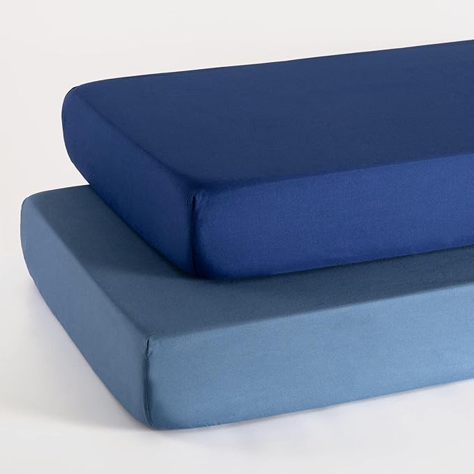 TILLYOU Baby Crib Sheets for Boys Girls, Super Soft Toddler Bed Sheets, 2 Pack Sheets for Standard Crib Mattress 28x52in, Navy and Stone Blue