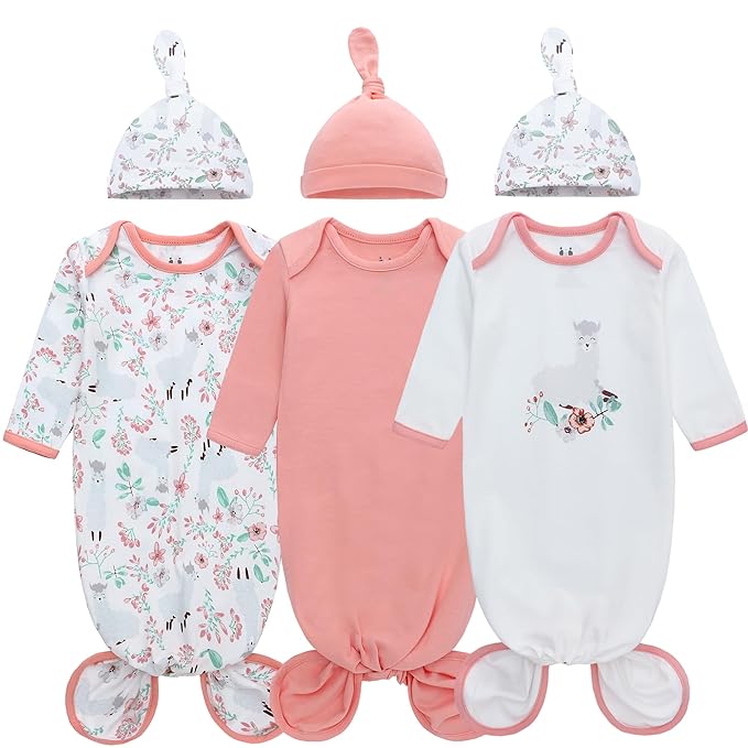 Miracle Baby Newborn Knotted Gown with Hat Set, 3 Pack Newborn Nightgowns, Baby Sleeper Gowns with Mitten Cuffs for Boys Girls 6-12 Months
