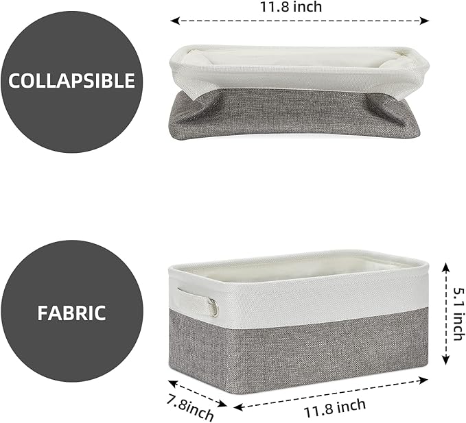 HNZIGE Small Organizer Bins for Shelf,Small Fabric Collapsible Baskets for Organizing Nursery Linen Canvas,Set of 6 Decorative Storage Basket for Storage Closet Toy(White&Gray, 11.8" x 7.8" x 5.1")