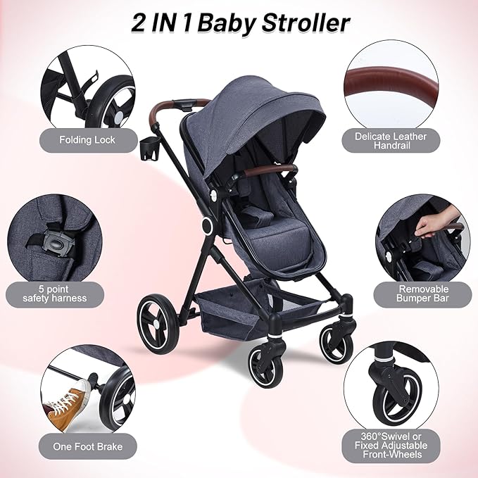 2 in 1 Baby Stroller for Toddler 0-3, Bassinet Stroller for Toddler and Newborn with Large Storage Basket, Shock Absorbing, Removable Seat, Cup Holder