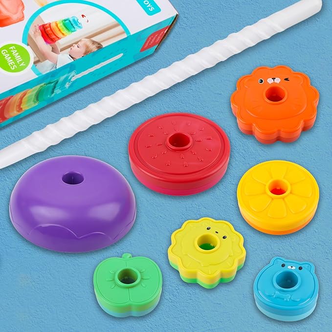 Spinning Stacking Toys for Babies 12+ Month Rainbow Ring Flowers Animals Fruits Theme Stacker ABS Toys for Toddlers 1-3 Montessori Educational Learning Sensory Toy,Stacking Toy for Kids