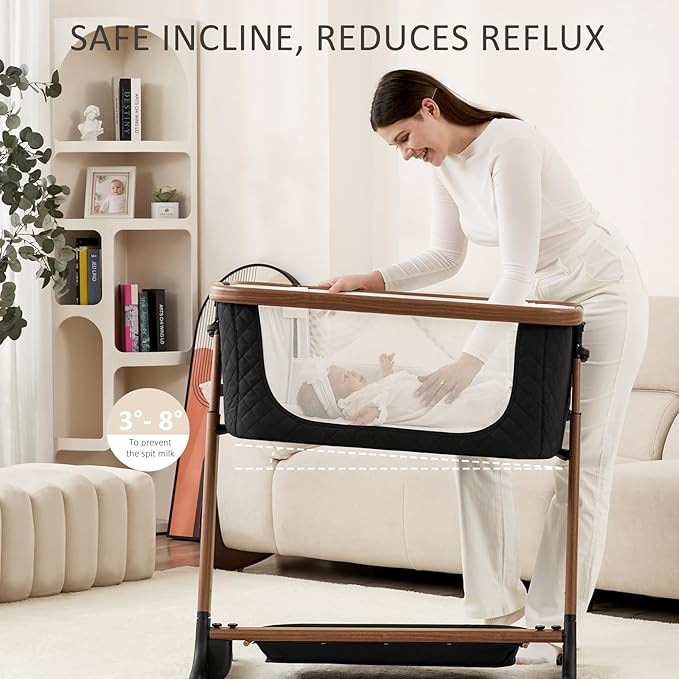 Electric Smart Baby Bassinet & Bedside Bassinet with 5 Rocking Speeds, 3 Timer Modes, 12 Soothing Musics, 6 Adjustable Heights, Large Storage Basket (Black)