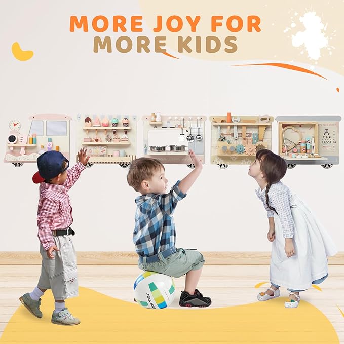JOYMOR Wooden Train Wall Busy Board Activity, Sensory Wall Panel for Kids, Toddler Montessori Learning Activity Center for Playroom,Daycare, Ideal Educational Gift