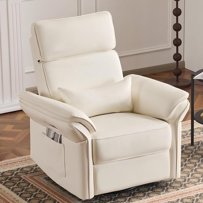 Power Recliner Rocking Chair Nursery Gliders with Adjustable Armrests and Headrest, Swivel Electric Glider Reclining Nursing Chair with USB Port and Storage Bags, FSC Certified(Leather, Beige)