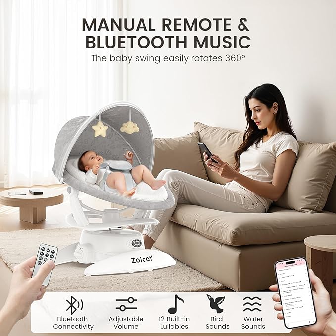 3-in-1 Baby Swing for Infants with Motion Detection, Electric Baby Swing with 3 Swing Modes, 12 Lullabies & 5-Speeds & Removable Swing Seat, BT Enabled & 360Β°Rotating Seat and Manual Remote, White