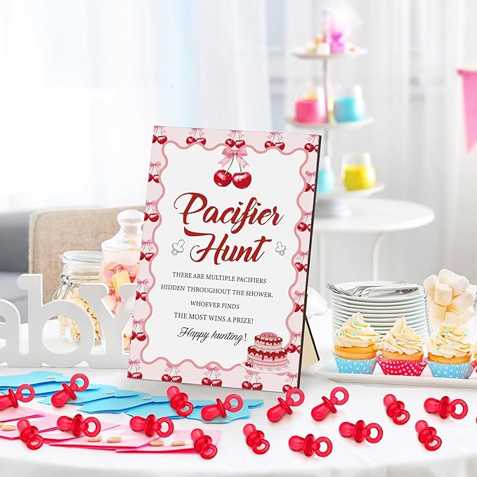 Thyle 51 Pcs Pacifier Hunt Baby Shower Games Include Hunt Sign and 50 Acrylic Pacifiers for Baby Shower Game Decoration Gift Sets Gender Reveal Party Decor (Cherry)