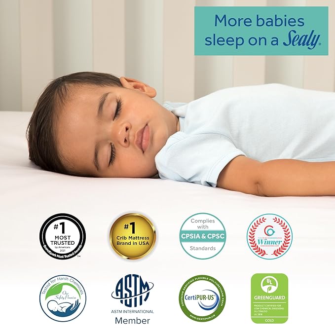 SEALY BABY OmniPedic Refresh Breathable 2 Stage Waterproof Crib Mattress Plus Toddler Bed Fit, Removable Knit Cover, GREENGUARD Gold Certified, Safety & Quality Tested, Made in USA, 52X28 -White
