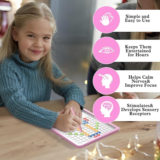 Magnetic Drawing Tablet, Magnetic Doodle Board for Kids with Dot Beads and Pattern Book, Montessori Educational Travel Toy for Boys and Girls 3 4 5 6 Years Old (Pink)