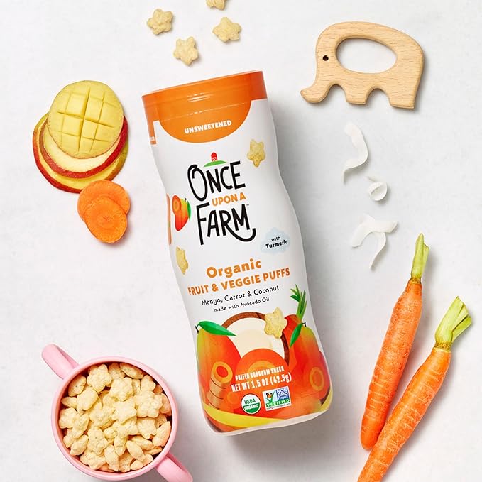 Once Upon A Farm Mango, Coconut & Carrot Puffed Sorghum Snack, Fruit & Veggie Puffs, Non GMO, 1.5 Ounces (Pack Of 6)