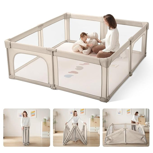 Baby Playpen Portable, Pre-Assembled Play Pen 71x79 Large Foldable Playpen for Babies and Toddlers, Sturdy and Safe Toddler Play Yard Indoor Outdoor with Carry Bag, Light Khaki