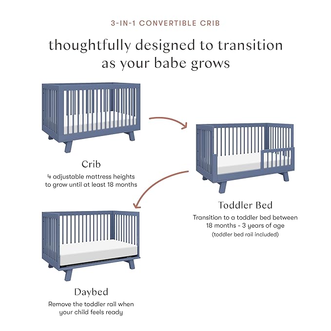 babyletto Hudson 3-in-1 Convertible Baby Crib - GREENGUARD Gold Certified Convertible Crib to Toddler Bed and Daybed - Wooden Baby Bed with 4 Adjustable Mattress Heights - Easy Assembly - Cove Blue