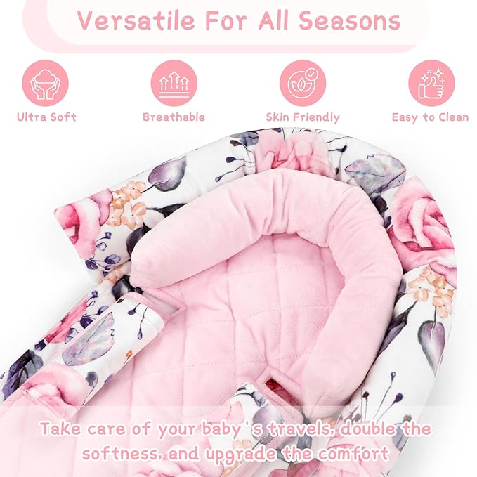 Baby Car Seat Head Body Support & Strap Covers, 2 in 1 Infant Car Seat Insert, Reversible Soft Breathable Newborn Cushion Pads for Preemie, Perfect for Baby Carseats, Strollers, Swings (Floral)