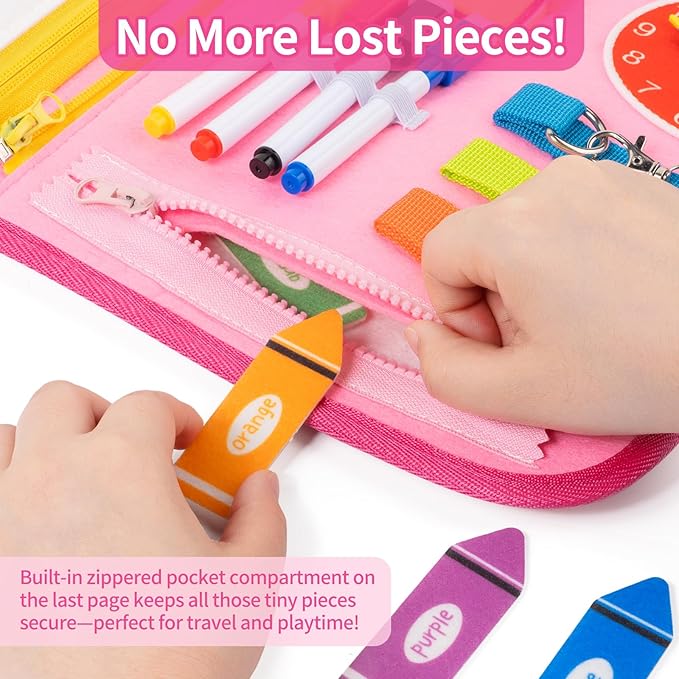12-page Toddler Busy Board Montessori Toys for 1 2 3 4 Years Old, Busy Book for Toddlers 1-3 Girl Birthday Gift, 24 in 1 Activity Sensory Toys for Motor Skills, Travel Toy for Car Airplane (Pink)