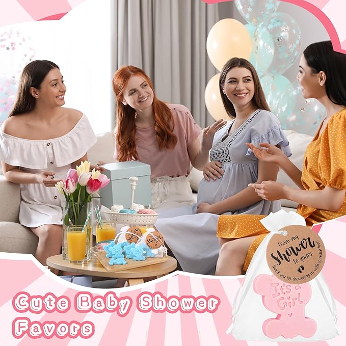 50 Sets Baby Shower Soap Favors for Guests Boy Girl Mini Handmade Scented Soaps with Thank You Tags and Organza Bags for Shower Gender Reveal Party Favors(It's A Girl,Pink Bear)