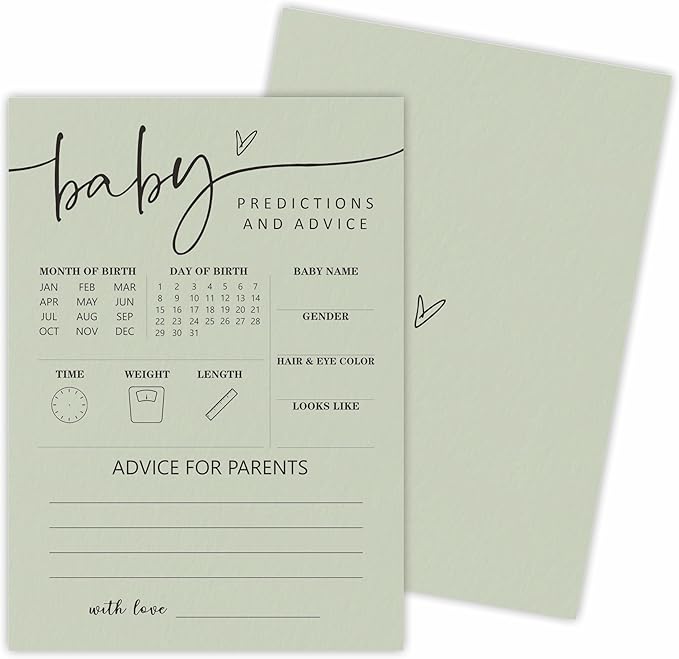 Sage Green Baby Shower Game Cards, Advice & Predictions, Double-Sided Design, 30 Gender Neutral Game Cards For Baby Shower Party, Baby Announcement, Advice For The Parents, Party Favor & Decor - C02