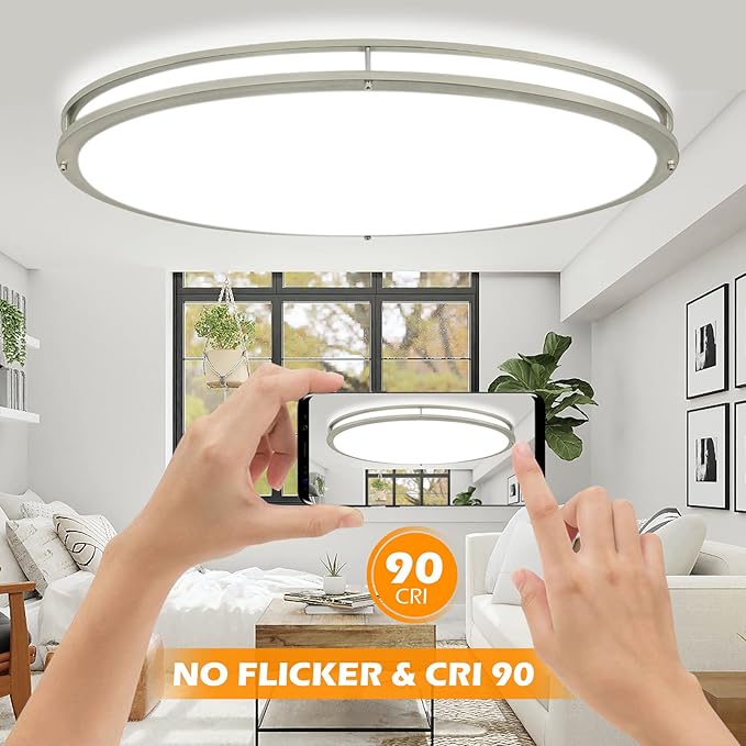 DLLT 32In Oval LED Ceiling Light Fixture, 65W Dimmable LED Flush Mount Ceiling Light with Remote, 3000K/4000K/5000K Adjustable, Brush Nickel Finish for Bedroom/Living Room/Dining Room